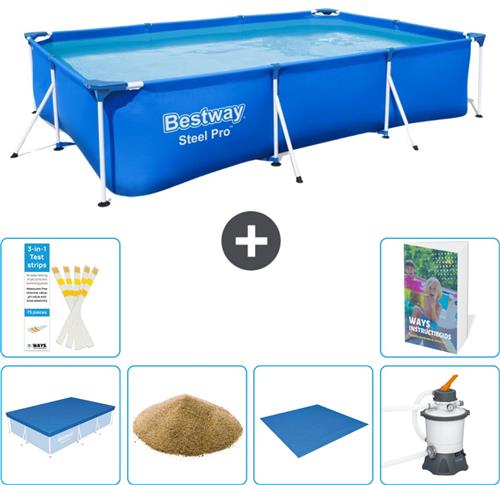 Bestway Rechthoekig Steel Pro Zwembad - 300 x 201 x 66 cm - Blauw - Inclusief Afdekzeil - Filterzand - Grondzeil - Zwembadfilterpomp - 7-delig