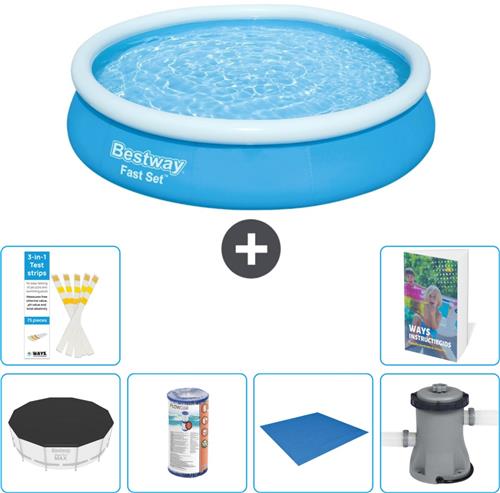 Bestway Rond Opblaasbaar Fast Set Zwembad - 366 x 76 cm - Blauw - Inclusief Afdekzeil - Filter - Grondzeil - Zwembadfilterpomp - 7-delig