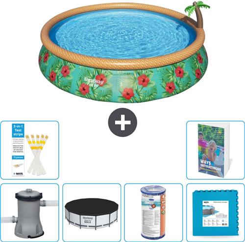 Bestway Rond Opblaasbaar Fast Set Zwembad - Paradijsprint - 457 x 84 cm - Inclusief Pomp Afdekzeil - Filter - Vloertegels - 7-delig