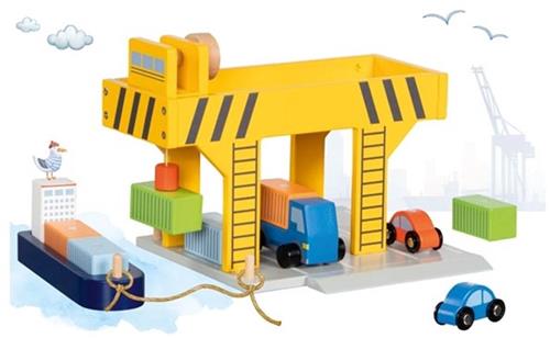 Goki havenkraan speelgoed kraan voor kinderen - houten hijskraan.