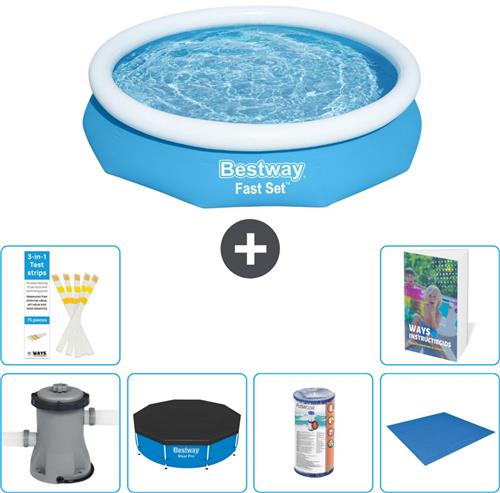 Bestway Rond Opblaasbaar Fast Set Zwembad - 305 x 66 cm - Blauw - Inclusief Pomp Afdekzeil - Filter - Grondzeil - 7-delig