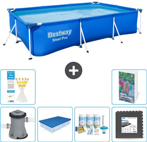 Bestway Rechthoekig Steel Pro Zwembad - 300 x 201 x 66 cm - Blauw - Inclusief Pomp Afdekzeil - Onderhoudspakket - Vloertegels - 7-delig