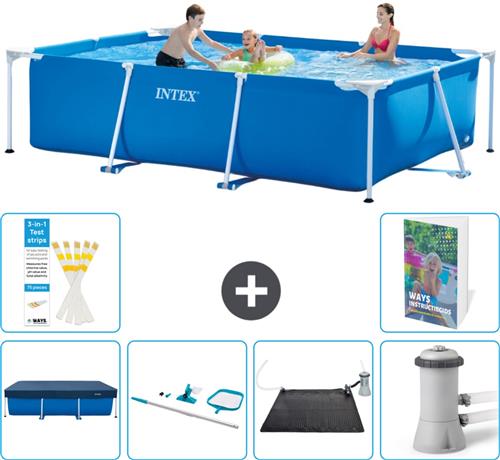 Intex Rechthoekig Frame Zwembad - 300 x 200 x 75 cm - Blauw - Inclusief Afdekzeil - Schoonmaakset - Solar Mat - Zwembadfilterpomp - 7-delig