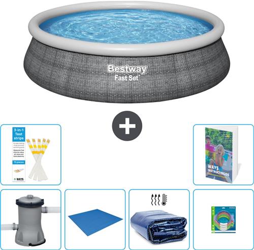 Bestway Rond Opblaasbaar Fast Set Zwembad - Rotanprint - 457 x 84 cm - Inclusief Pomp Grondzeil - Solarzeil - Speelgoed - 7-delig