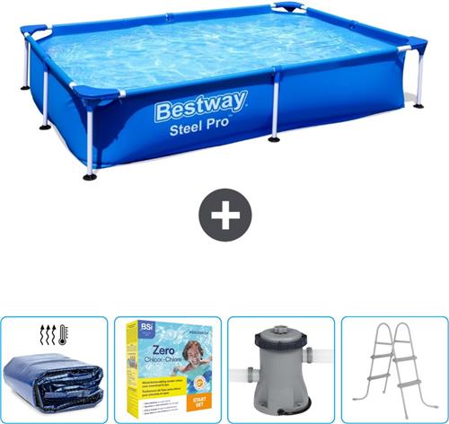 Bestway Rechthoekig Steel Pro Zwembad - 221 x 150 x 43 cm - Blauw - Inclusief Solarzeil - Onderhoudspakket - Pomp - Ladder