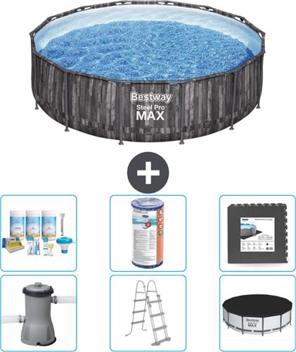 Bestway Rond Steel Pro MAX Zwembad - Houtprint - 427 x 107 cm - Inclusief Pomp - Ladder - Afdekzeil Onderhoudspakket - Filter - Vloertegels