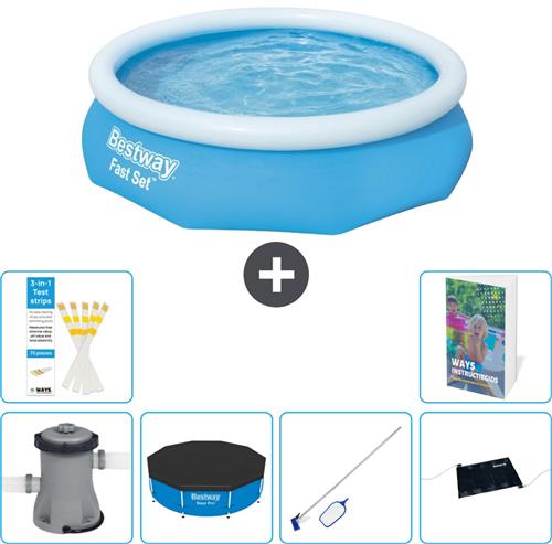 Bestway Rond Opblaasbaar Fast Set Zwembad - 305 x 76 cm - Blauw - Inclusief Pomp Afdekzeil - Schoonmaakset - Solar Mat - 7-delig