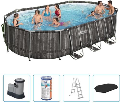Bestway Power Steel Zwembad - 610x366x122 cm - Houtprint - Ovaal - Met filterpomp + accessoires - Zwembad - Filterpomp - Zwembadtrap - Afdekzeil - Zwembad Opzet