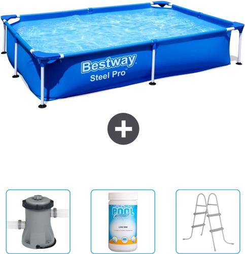 Bestway Rechthoekig Steel Pro Zwembad - 221 x 150 x 43 cm - Blauw - Inclusief Pomp - Chloor - Ladder