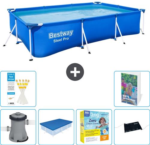 Bestway Rechthoekig Steel Pro Zwembad - 300 x 201 x 66 cm - Blauw - Inclusief Pomp Afdekzeil - Onderhoudspakket - Solar Mat - 7-delig