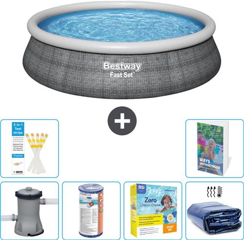 Bestway Rond Opblaasbaar Fast Set Zwembad - Rotanprint - 457 x 84 cm - Inclusief Pomp Filter - Onderhoudspakket - Solarzeil - 7-delig