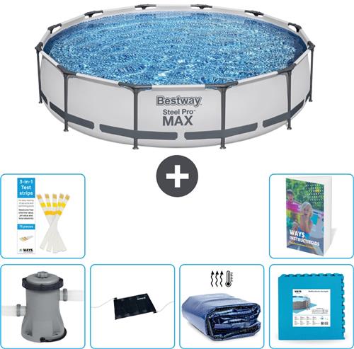 Bestway Rond Steel Pro MAX Zwembad - 366 x 76 cm - Grijs - Inclusief Pomp Solar Mat - Solarzeil - Vloertegels - 7-delig