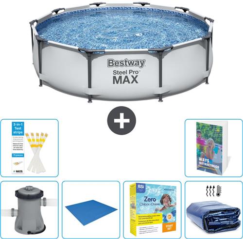 Bestway Rond Steel Pro MAX Zwembad - 305 x 76 cm - Grijs - Inclusief Pomp Grondzeil - Onderhoudspakket - Solarzeil - 7-delig