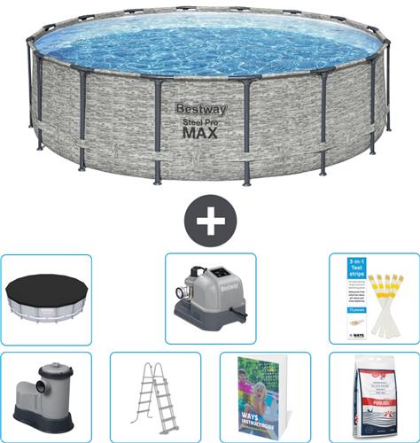Bestway Rond Steel Pro MAX Zwembad - Steenprint - 488 x 122 cm - Inclusief Pomp - Ladder - Afdekzeil - Zoutwatersysteem - Zwembadzout - 8-delig