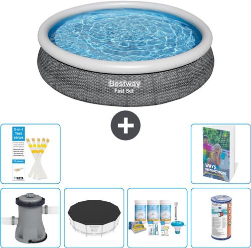 Bestway Rond Opblaasbaar Fast Set Zwembad - Rotanprint - 366 x 76 cm - Inclusief Pomp Afdekzeil - Onderhoudspakket - Filter - 7-delig