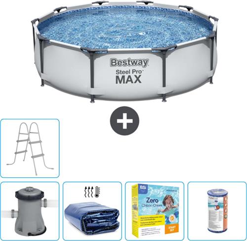 Bestway Rond Steel Pro MAX Zwembad - 305 x 76 cm - Grijs - Inclusief Pomp Solarzeil - Onderhoudspakket - Filter - Ladder