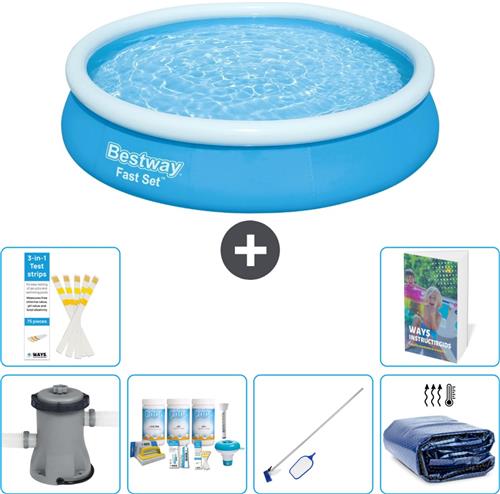 Bestway Rond Opblaasbaar Fast Set Zwembad - 366 x 76 cm - Blauw - Inclusief Pomp Onderhoudspakket - Schoonmaakset - Solarzeil - 7-delig