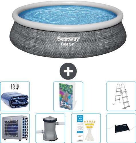 Bestway Rond Opblaasbaar Fast Set Zwembad - Rotanprint - 457 x 107 cm - Inclusief Pomp - Ladder Solar Mat - Solarzeil - Warmtepomp - 8-delig