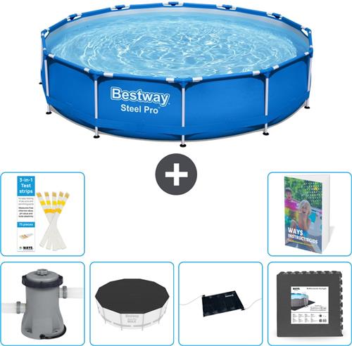 Bestway Rond Steel Pro Zwembad - 366 x 76 cm - Blauw - Inclusief Pomp Afdekzeil - Solar Mat - Vloertegels - 7-delig