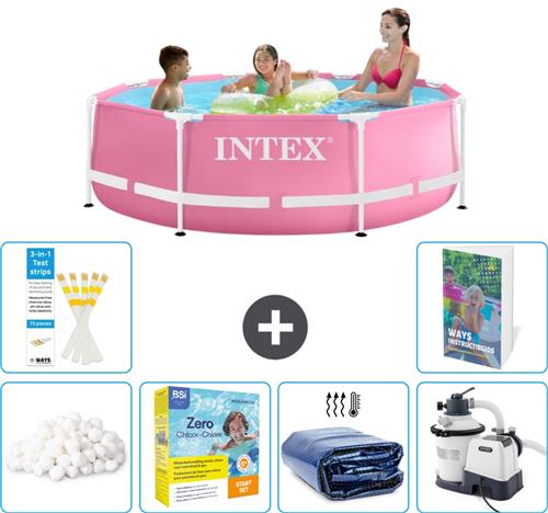 Intex Rond Frame Zwembad - 244 x 76 cm - Roze - Inclusief Filterbollen - Onderhoudspakket - Solarzeil - Zwembadfilterpomp - 7-delig