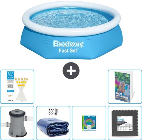 Bestway Rond Opblaasbaar Fast Set Zwembad - 244 x 61 cm - Blauw - Inclusief Pomp Solarzeil - Speelgoed - Vloertegels - 7-delig