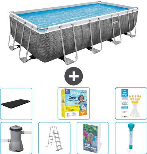 Bestway Rechthoekig Power Steel Zwembad - Rattanprint - 488 x 244 x 122 - Inclusief Pomp - Ladder - Afdekzeil - Onderhoudspakket - Thermometer - 8-delig