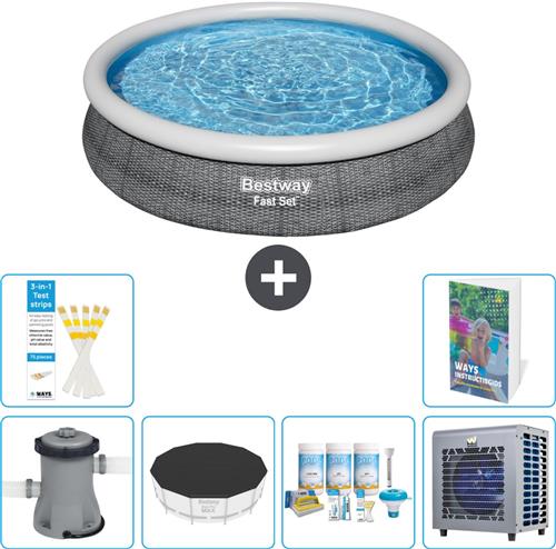 Bestway Rond Opblaasbaar Fast Set Zwembad - Rotanprint - 366 x 76 cm - Inclusief Pomp Afdekzeil - Onderhoudspakket - Warmtepomp - 7-delig