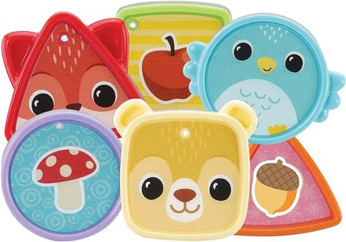 Speel kiekeboe met de egel en druk op de toetsen om kennis te maken met vormen, kleuren, dieren en muziek. Plaats de vormblokjes in het huisje en haal ze er weer uit door de elastische bandjes te bewegen.