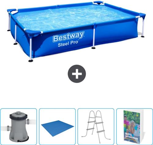 Bestway Rechthoekig Steel Pro Zwembad - 221 x 150 x 43 cm - Blauw - Inclusief Pomp - Grondzeil - Ladder - Zwembadgids