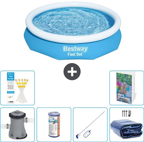 Bestway Rond Opblaasbaar Fast Set Zwembad - 305 x 66 cm - Blauw - Inclusief Pomp Filter - Schoonmaakset - Solarzeil - 7-delig