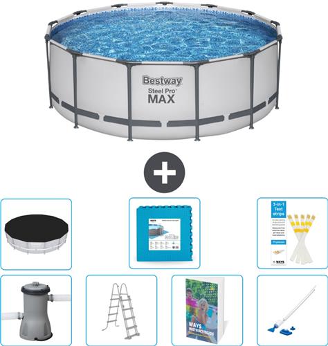 Bestway Rond Steel Pro MAX Zwembad - 396 x 122 cm - Grijs - Inclusief Pomp - Ladder - Afdekzeil - Vloertegels - Stofzuiger - 8-delig