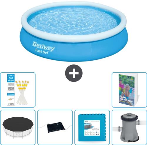 Bestway Rond Opblaasbaar Fast Set Zwembad - 366 x 76 cm - Blauw - Inclusief Afdekzeil - Solar Mat - Vloertegels - Zwembadfilterpomp - 7-delig