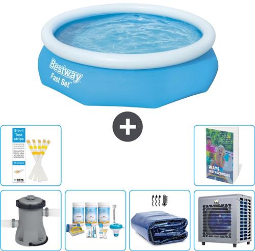 Bestway Rond Opblaasbaar Fast Set Zwembad - 305 x 76 cm - Blauw - Inclusief Pomp Onderhoudspakket - Solarzeil - Warmtepomp - 7-delig