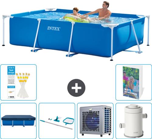 Intex Rechthoekig Frame Zwembad - 260 x 160 x 65 cm - Blauw - Inclusief Afdekzeil - Schoonmaakset - Warmtepomp - Zwembadfilterpomp - 7-delig