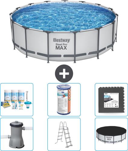 Bestway Rond Steel Pro MAX Zwembad - 457 x 122 cm - Grijs - Inclusief Pomp - Ladder - Afdekzeil Onderhoudspakket - Filter - Vloertegels