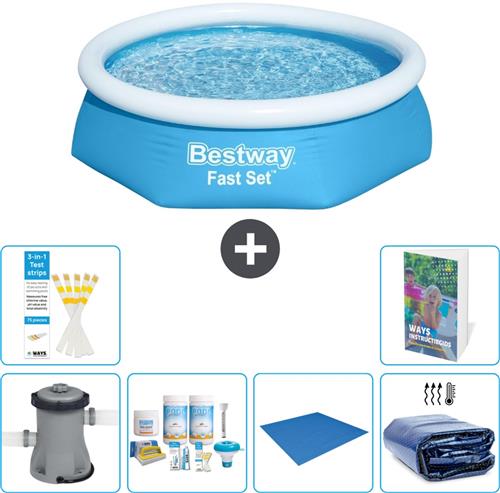 Bestway Rond Opblaasbaar Fast Set Zwembad - 244 x 61 cm - Blauw - Inclusief Pomp Onderhoudspakket - Grondzeil - Solarzeil - 7-delig