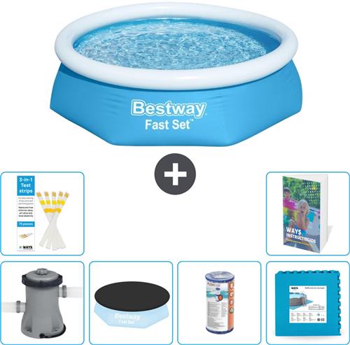 Bestway Rond Opblaasbaar Fast Set Zwembad - 244 x 61 cm - Blauw - Inclusief Pomp Afdekzeil - Filter - Vloertegels - 7-delig