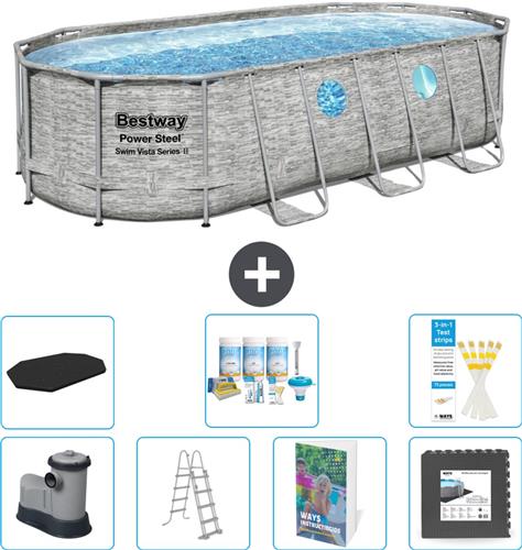 Bestway Ovaal Power Steel Swim Vista Zwembad - Steenprint - 549 x 274 x 122 - Inclusief Pomp - Ladder - Afdekzeil - Onderhoudspakket - Vloertegels - 8-delig