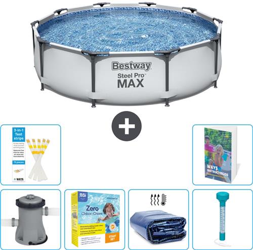 Bestway Rond Steel Pro MAX Zwembad - 305 x 76 cm - Grijs - Inclusief Pomp Onderhoudspakket - Solarzeil - Thermometer - 7-delig