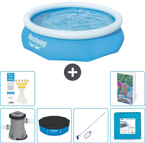 Bestway Rond Opblaasbaar Fast Set Zwembad - 305 x 76 cm - Blauw - Inclusief Pomp Afdekzeil - Schoonmaakset - Vloertegels - 7-delig