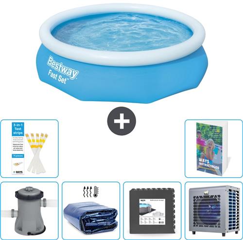 Bestway Rond Opblaasbaar Fast Set Zwembad - 305 x 76 cm - Blauw - Inclusief Pomp Solarzeil - Vloertegels - Warmtepomp - 7-delig