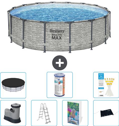 Bestway Rond Steel Pro MAX Zwembad - Steenprint - 488 x 122 cm - Inclusief Pomp - Ladder - Afdekzeil - Filter - Solar Mat - 8-delig