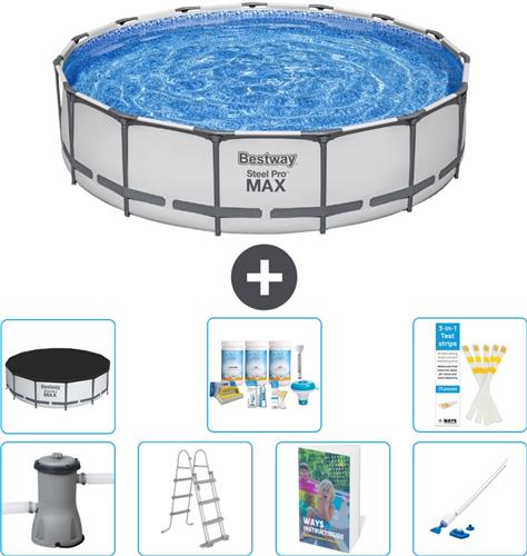 Bestway Rond Steel Pro MAX Zwembad - 457 x 107 cm - Grijs - Inclusief Pomp - Ladder - Afdekzeil - Onderhoudspakket - Stofzuiger - 8-delig