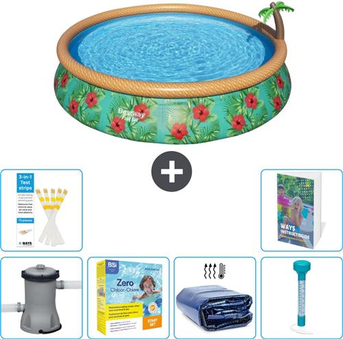 Bestway Rond Opblaasbaar Fast Set Zwembad - Paradijsprint - 457 x 84 cm - Inclusief Pomp Onderhoudspakket - Solarzeil - Thermometer - 7-delig