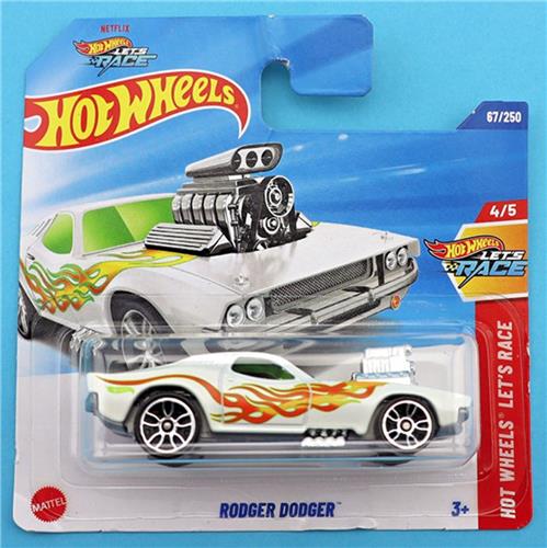 HOT WHEELS RODGER DODGER 67/250 FLAME WHITE 1:64 HW LET'S RACE 4/5 SHORT CARD