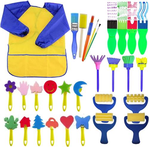 BOTC Kinderschort - Wasbare Verfkwastenset - 30 stuks - Vingerverfsponsjes - Kunstbenodigdheden - 100% veilig voor peuters
