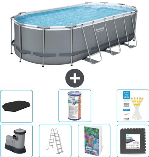 Bestway Ovaal Power Steel Zwembad - 549 x 274 x 122 - Grijs - Inclusief Pomp - Ladder - Afdekzeil - Filter - Vloertegels - 8-delig