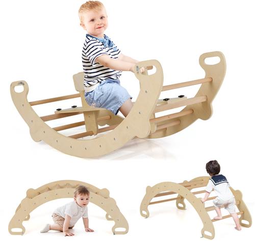 COSTWAY Klimboog, met afneembare zitting, 4-in-1 klimrek voor binnen, om te schommelen, klimmen en kruipen, klimdriehoek hout, boogwip voor kinderen vanaf 1 jaar, zithoogte 23,5 cm (natuur)