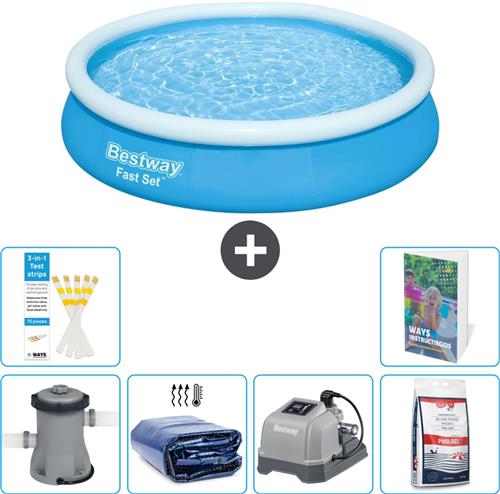 Bestway Rond Opblaasbaar Fast Set Zwembad - 366 x 76 cm - Blauw - Inclusief Pomp Solarzeil - Zoutwatersysteem - Zwembadzout - 7-delig