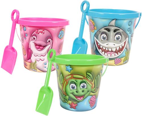 PIA Soft Toys-Set van 3 - 3D Zeedieren emmer & schep 3 ass. - Groen/Blauw/Roze - 16 cm x 12 cm x 12 cm